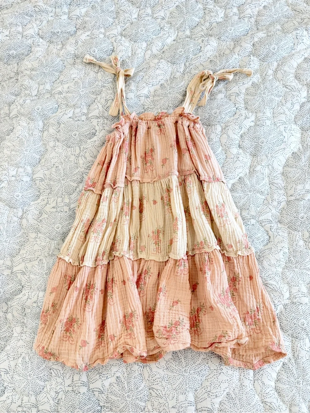 Girls Floral Tiered Sundress with Tie Straps - Pink & Cream 3/4